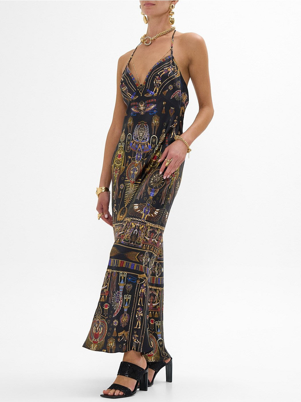 Egyptian Print Silk Slip Dress - Dresses