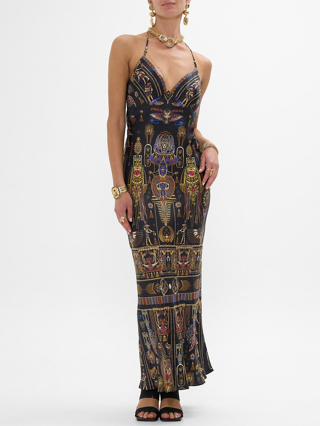 Egyptian Print Silk Slip Dress - S - Dresses