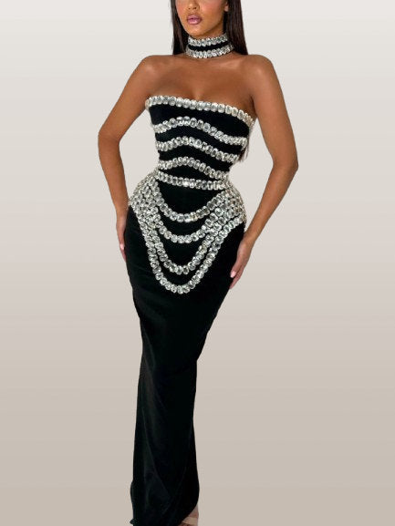 Embellished Black Strapless Stretch Bodycon Maxi Dress - Dresses