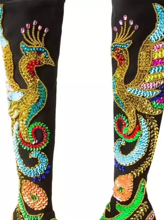 Embellished Black Suede Over-The-Knee Boots - Footwear