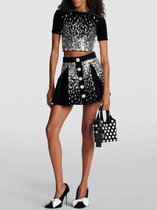 Embellished Black Velvet Crop Top and Mini Skater Skirt Set - Suits & Sets