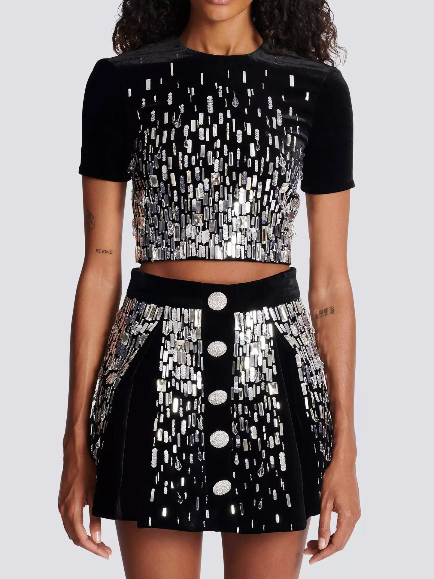 Embellished Black Velvet Crop Top and Mini Skater Skirt Set - Suits & Sets