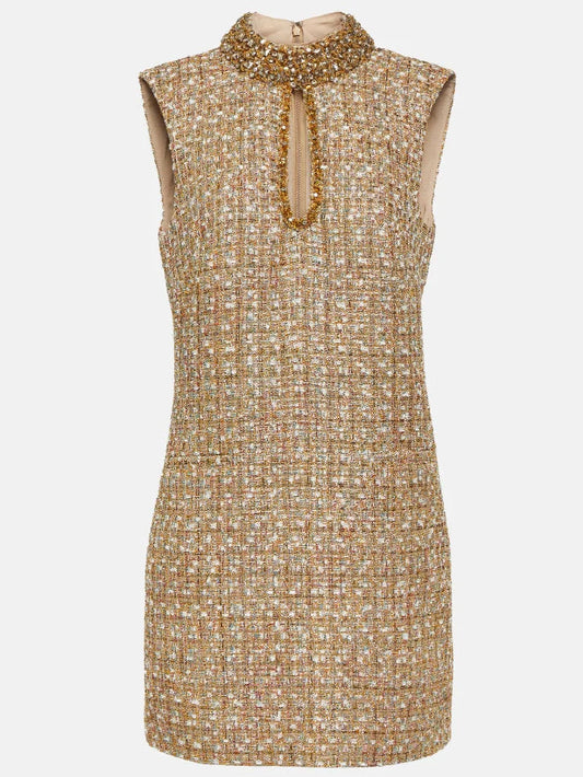 Embellished Bouclé Tweed Mini Dress - Small - Dresses