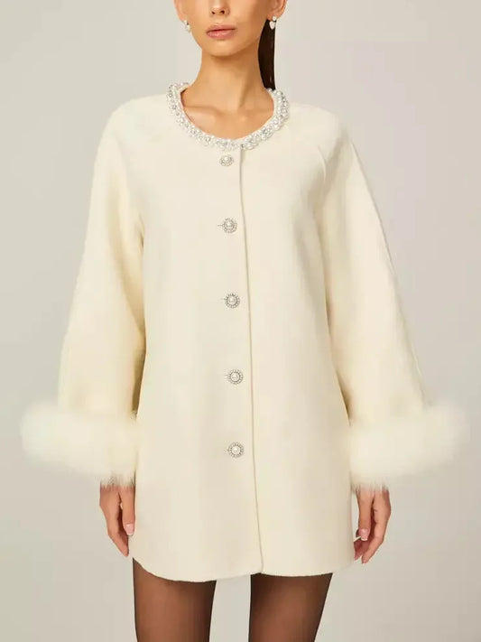 Embellished-Collar Flared Short Coat with Fur Cuffs - Coats