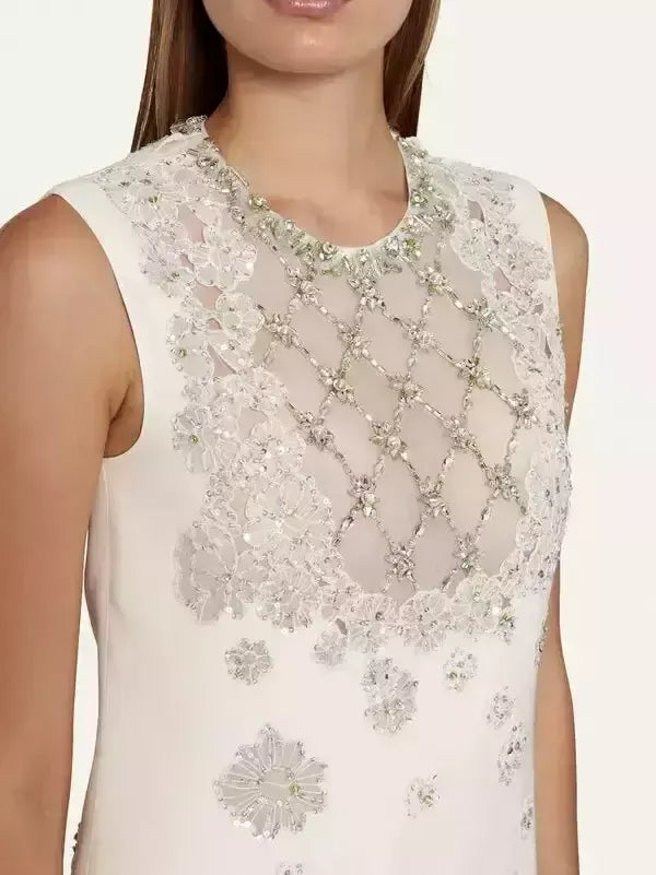 Embellished Crepe Mini Shift Dress in Ivory - Dresses