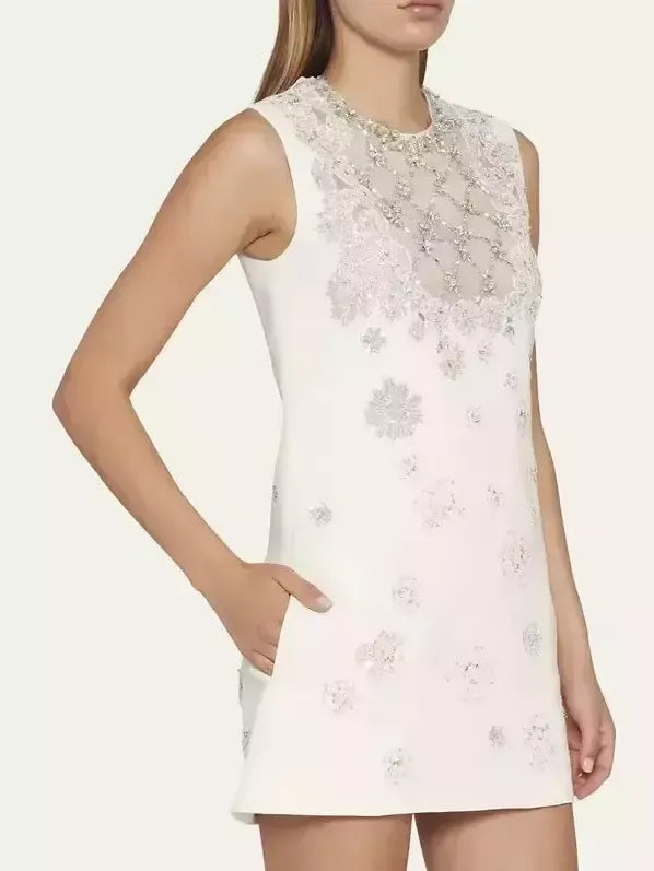Embellished Crepe Mini Shift Dress in Ivory - Dresses