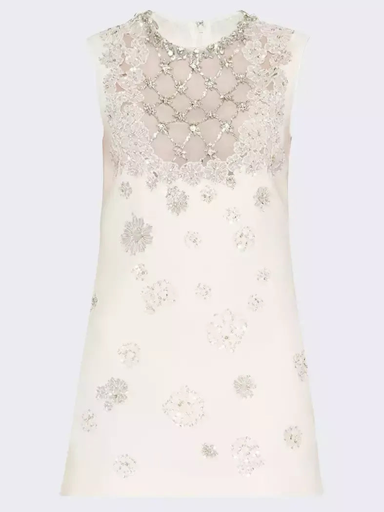 Embellished Crepe Mini Shift Dress in Ivory - Dresses