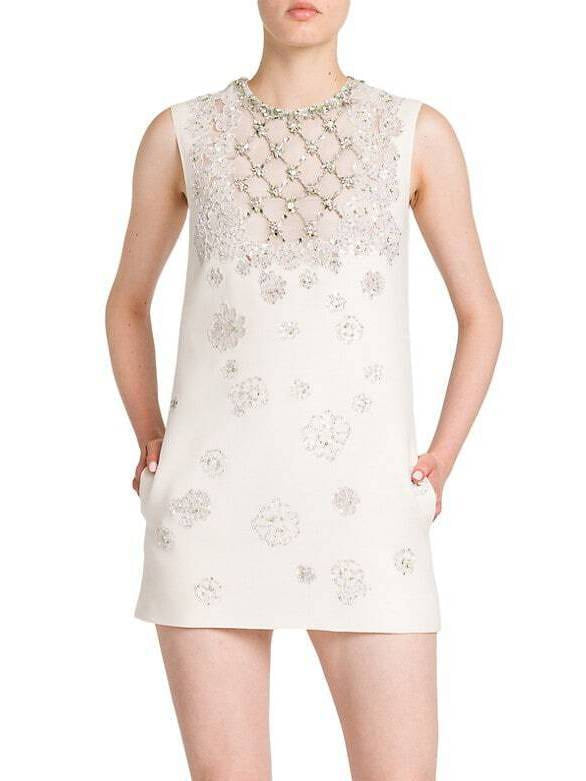 Embellished Crepe Mini Shift Dress in Ivory - Dresses