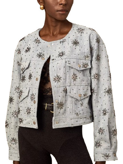 Embellished Cropped Denim Jacket - Jackets