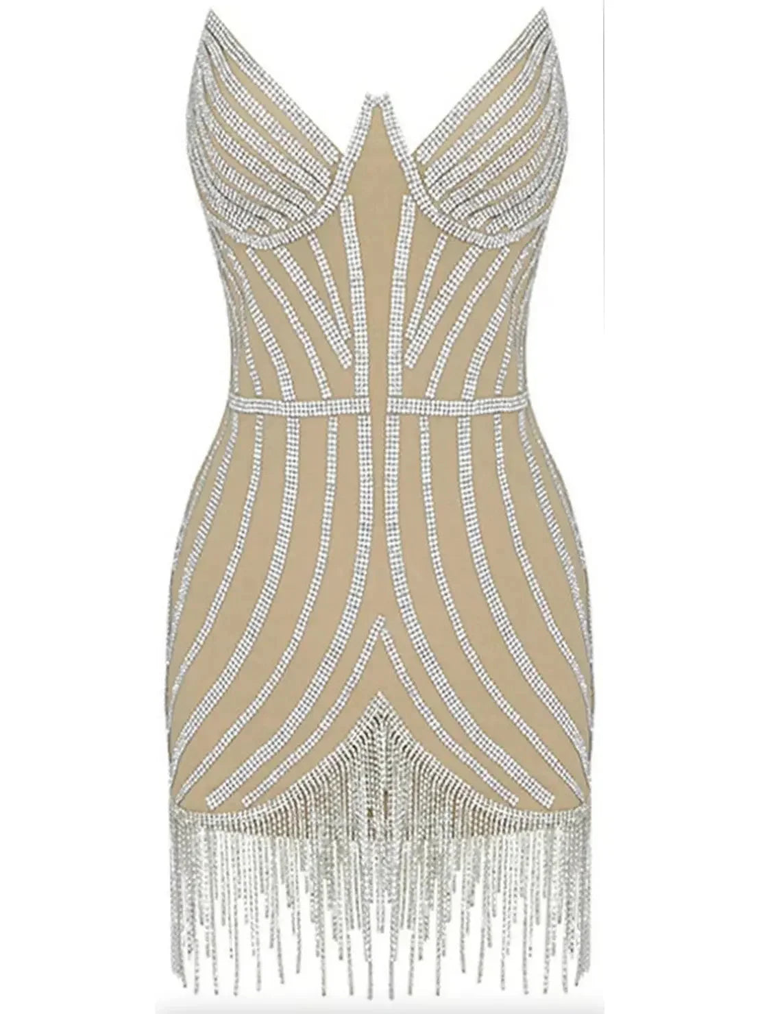 Embellished Crystal Fringed Mesh Mini Dress - Dresses