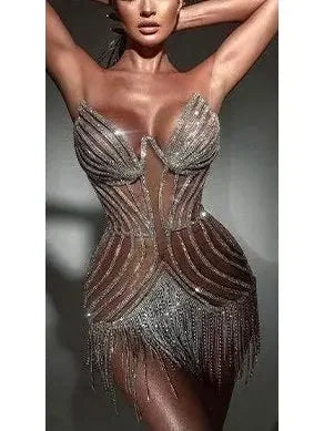 Embellished Crystal Fringed Mesh Mini Dress - Dresses