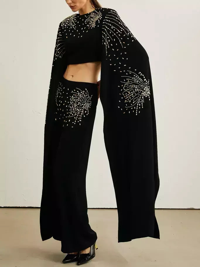 Embellished Extended Sleeve Crop Top and Wide-Leg Pant Suit - Suits & Sets