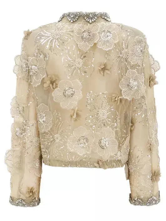 Embellished Floral-Applique Semi-Sheer Organza Jacket - Jackets