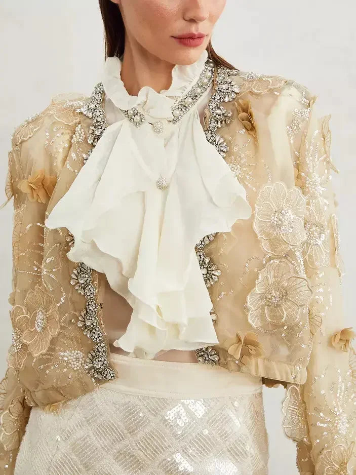 Embellished Floral-Applique Semi-Sheer Organza Jacket - Jackets