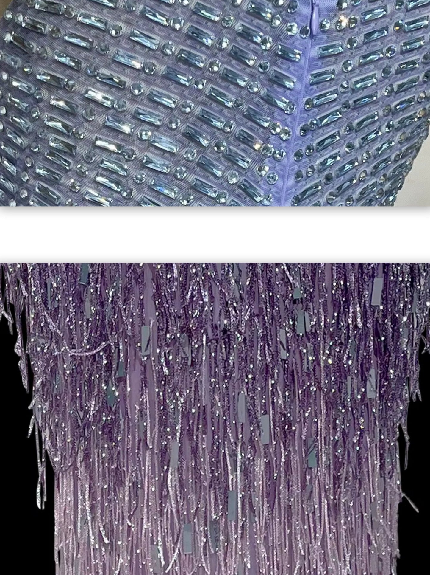 Elegant embellished fringed sleeveless pink and purple gown with intricate beadwork