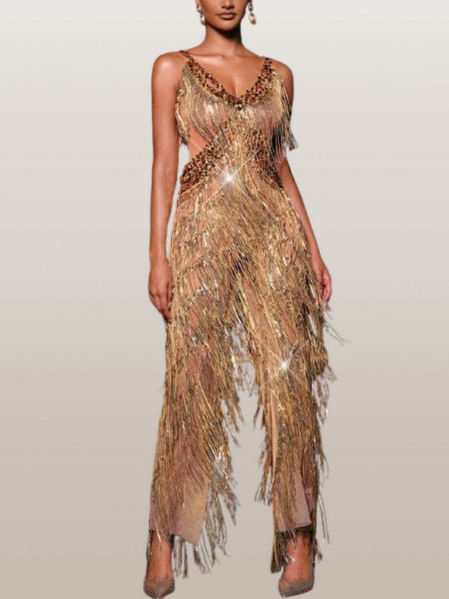 Embellished Gold Fringed Cut-Out Jumpsuit - Suits & Sets
