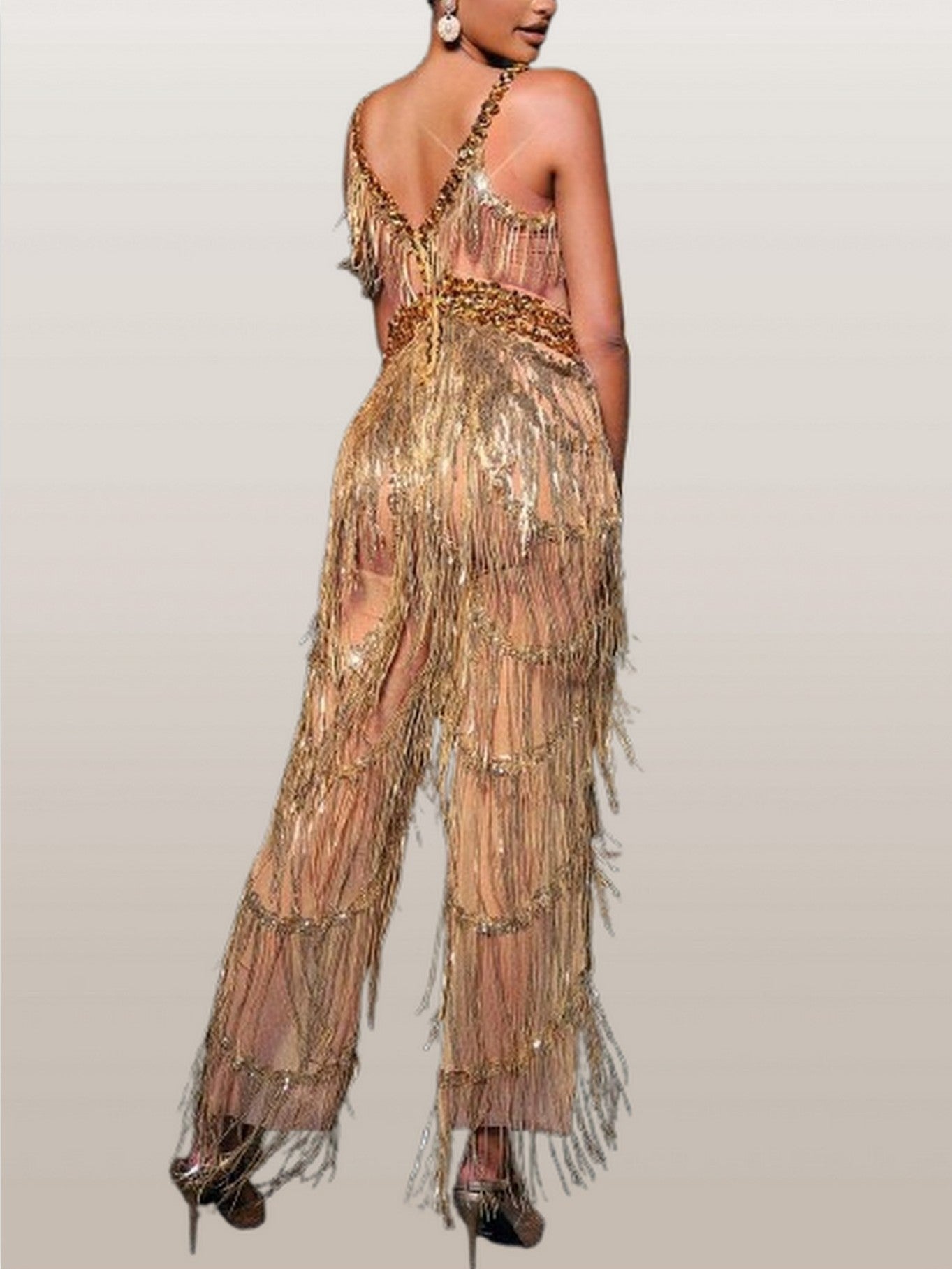 Embellished Gold Fringed Cut-Out Jumpsuit - Suits & Sets