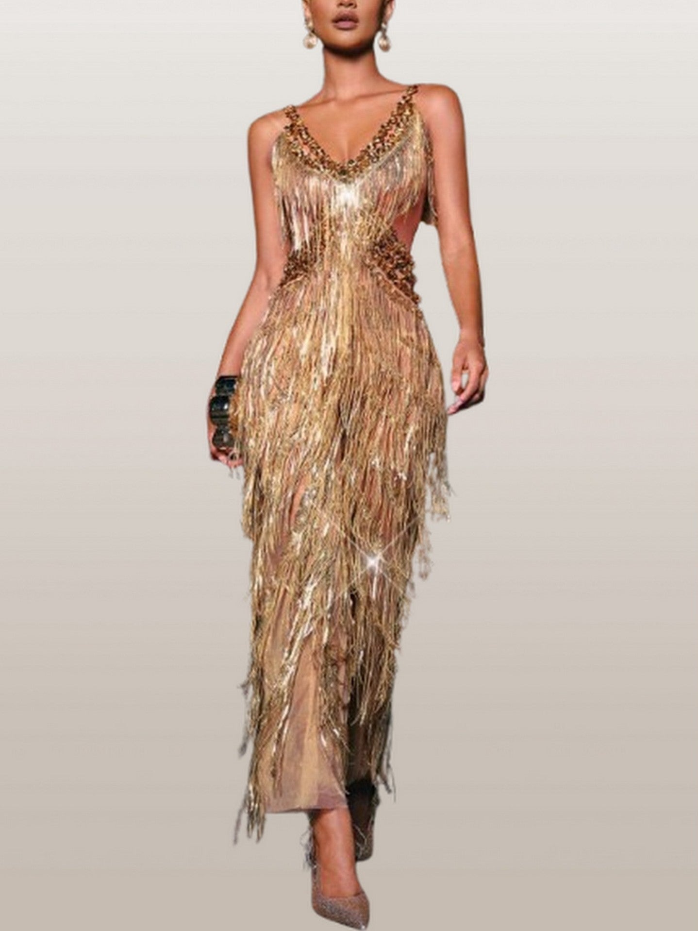 Embellished Gold Fringed Cut-Out Jumpsuit - Suits & Sets