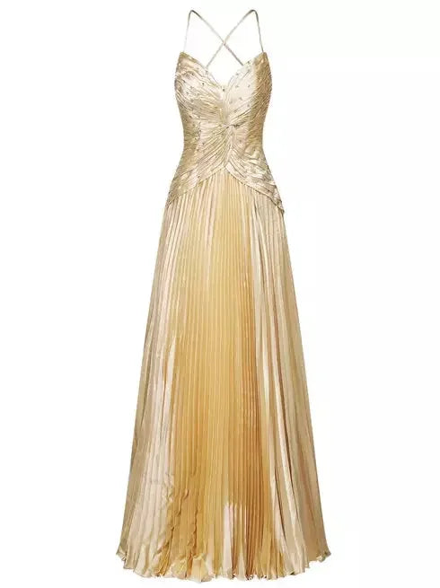 Embellished Gold Pleated Gown with Back Lace-Up Detail - Dresses