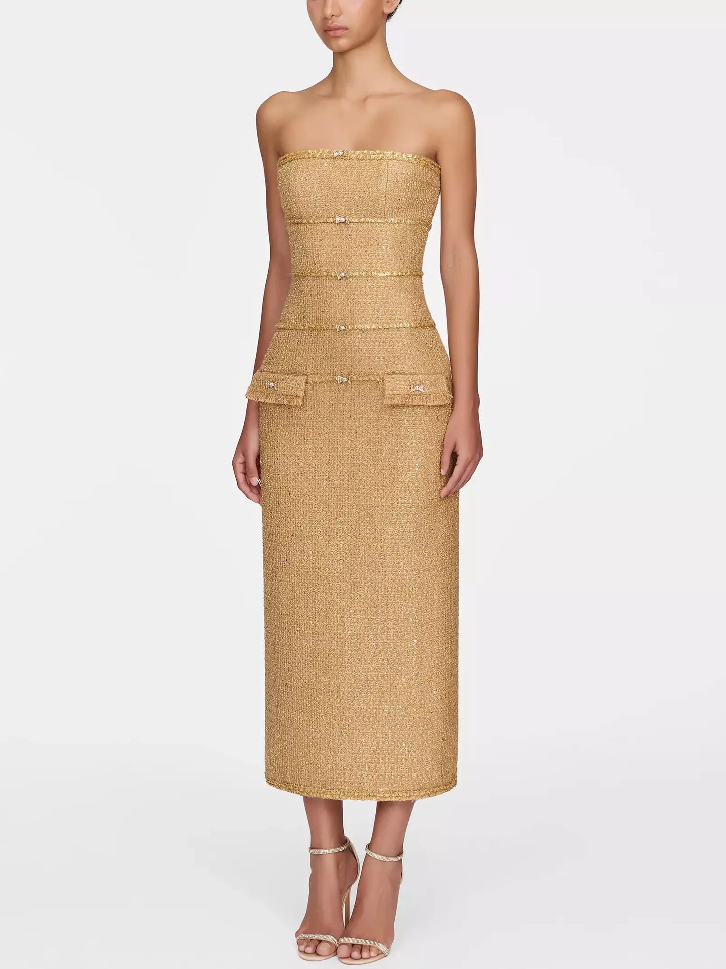 Embellished Gold Tweed Strapless Midi Dress - Dresses