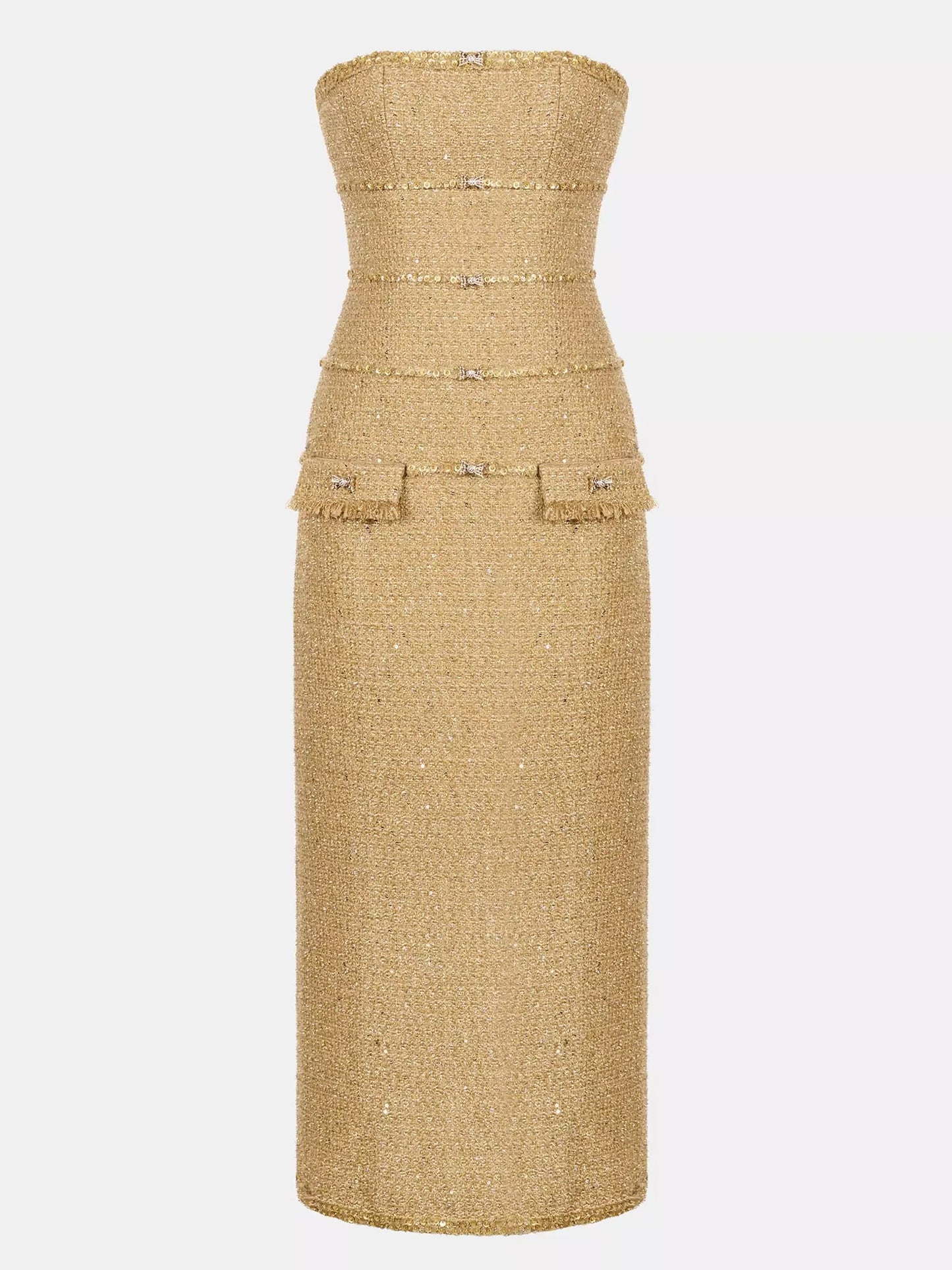 Embellished Gold Tweed Strapless Midi Dress - Dresses