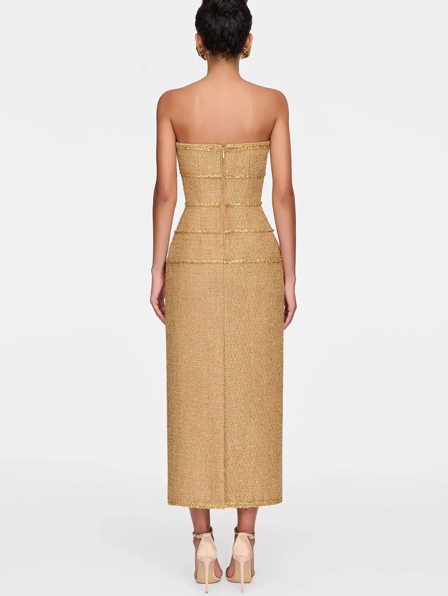 Embellished Gold Tweed Strapless Midi Dress - Dresses