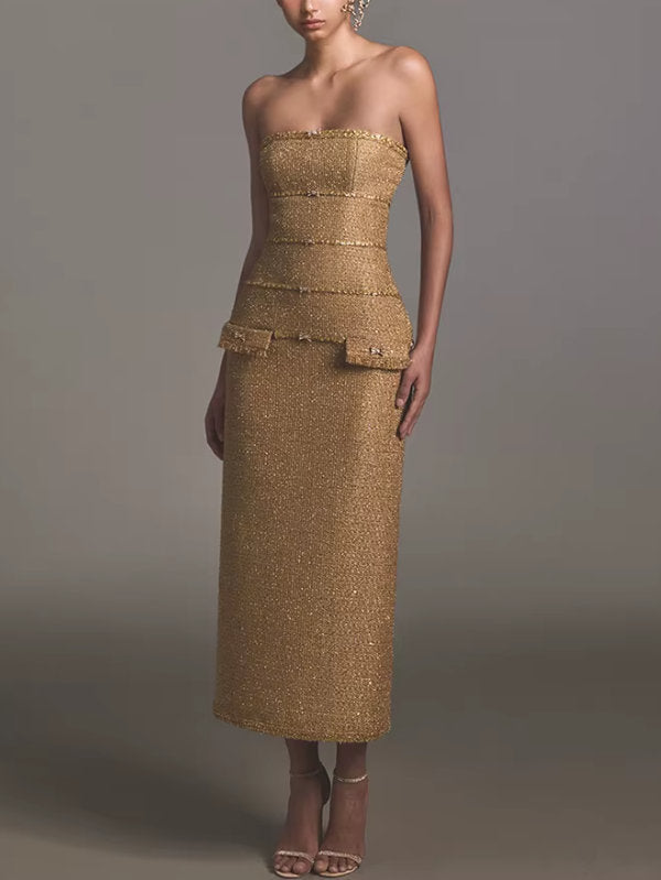Embellished Gold Tweed Strapless Midi Dress - Dresses
