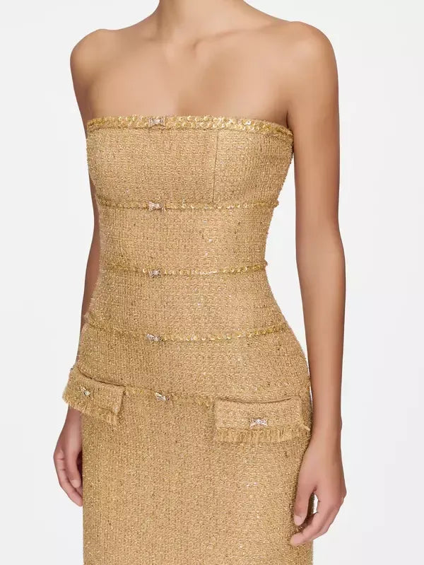 Embellished Gold Tweed Strapless Midi Dress - Dresses