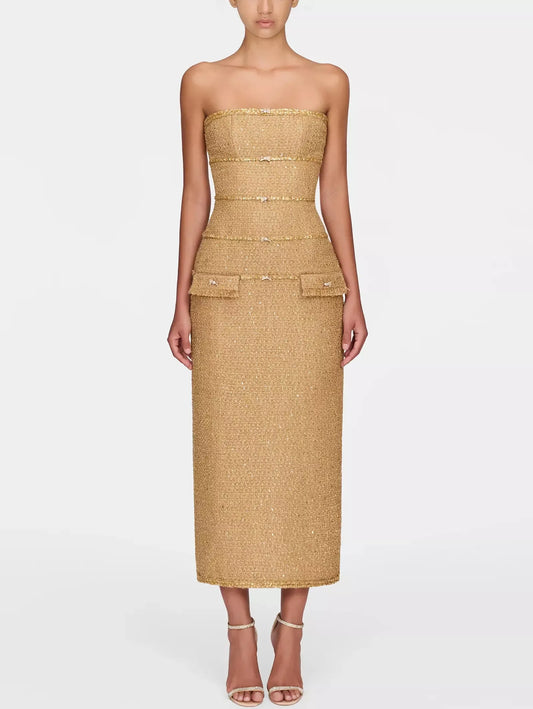 Embellished Gold Tweed Strapless Midi Dress - M - Dresses