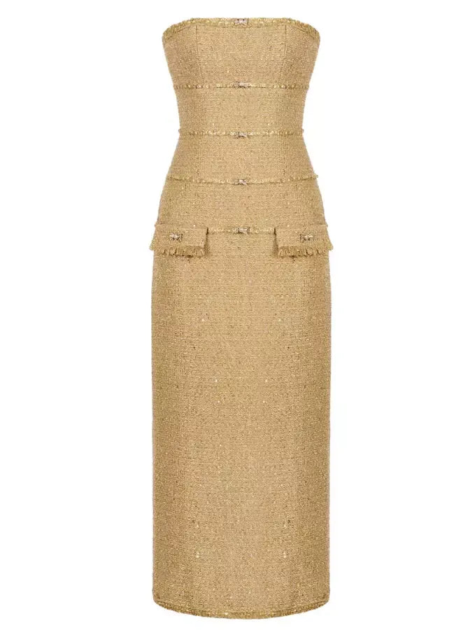 Embellished Gold Tweed Strapless Midi Dress - S - Dresses