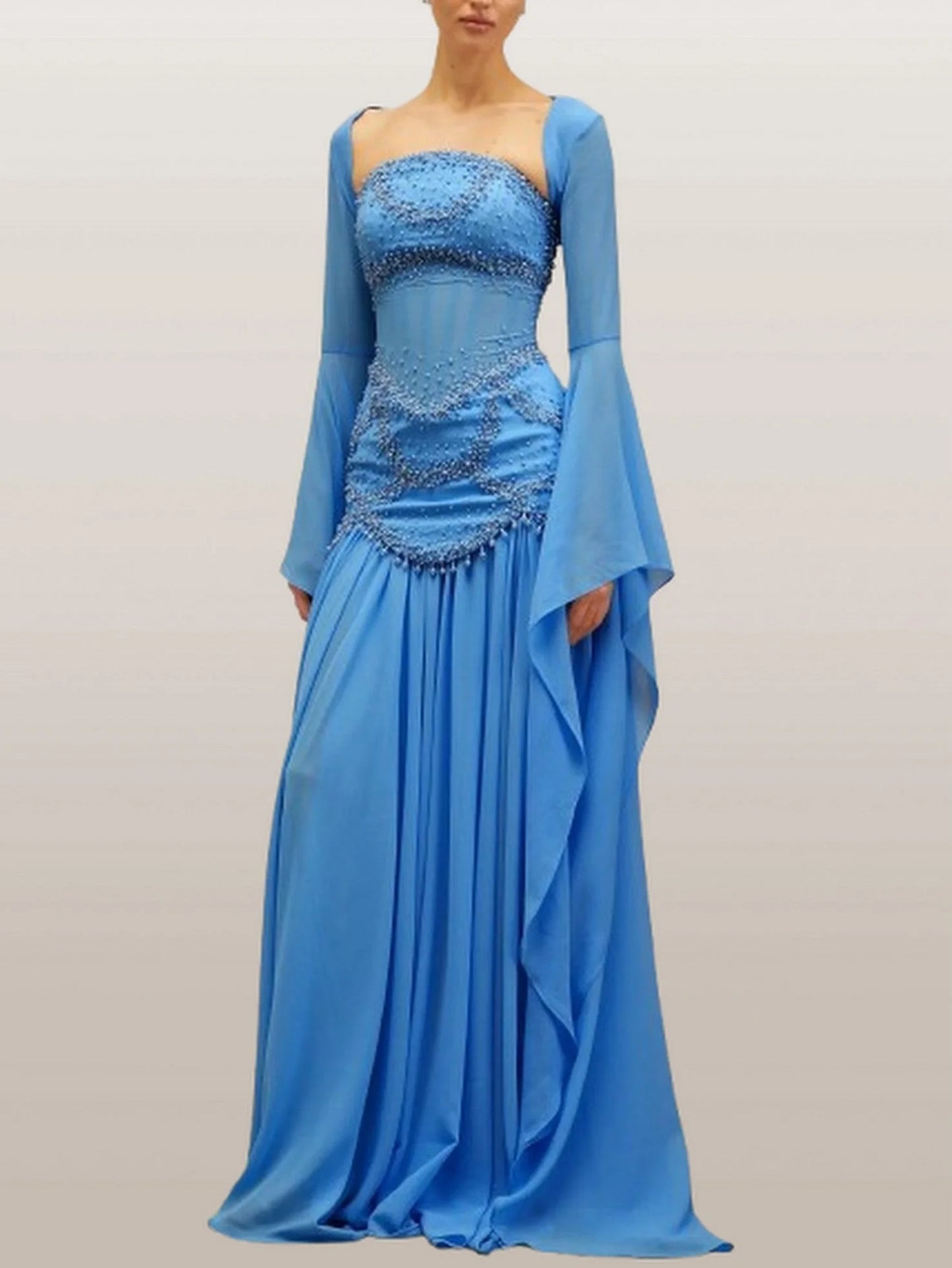 Embellished Gown with Detachable Shawl in Blue - Dresses