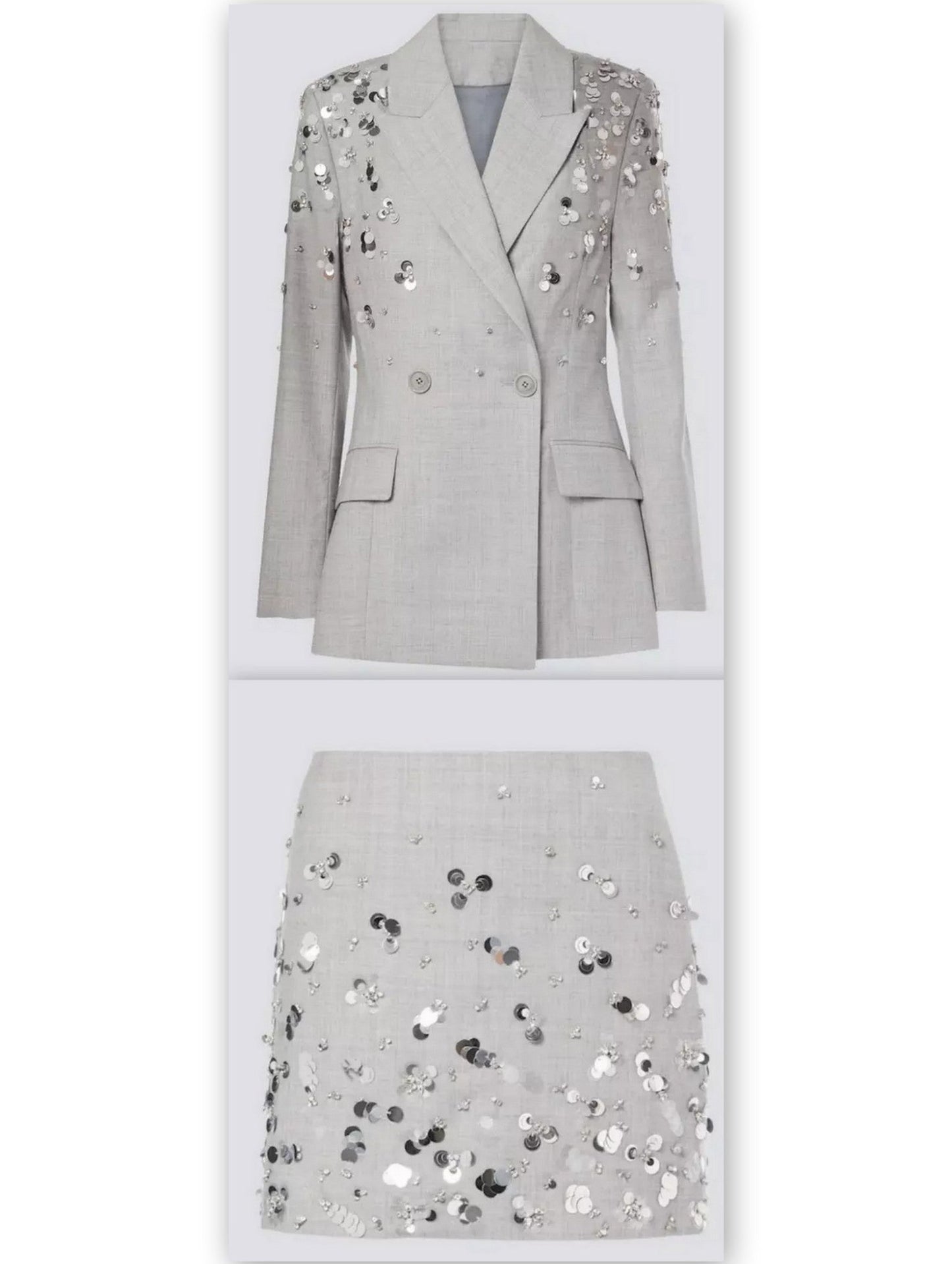 Embellished grey notched collar blazer with sequin details from mini skirt set