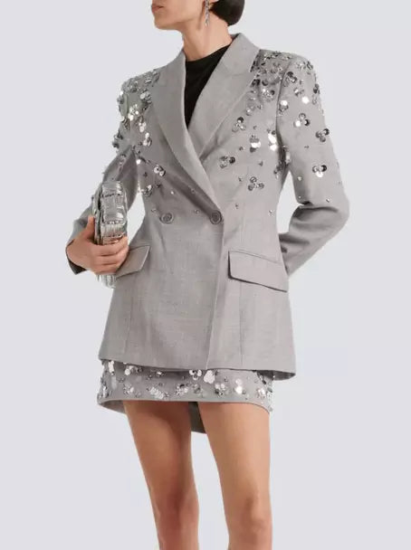 Gray double-breasted embellished grey notched collar blazer with silver sequins