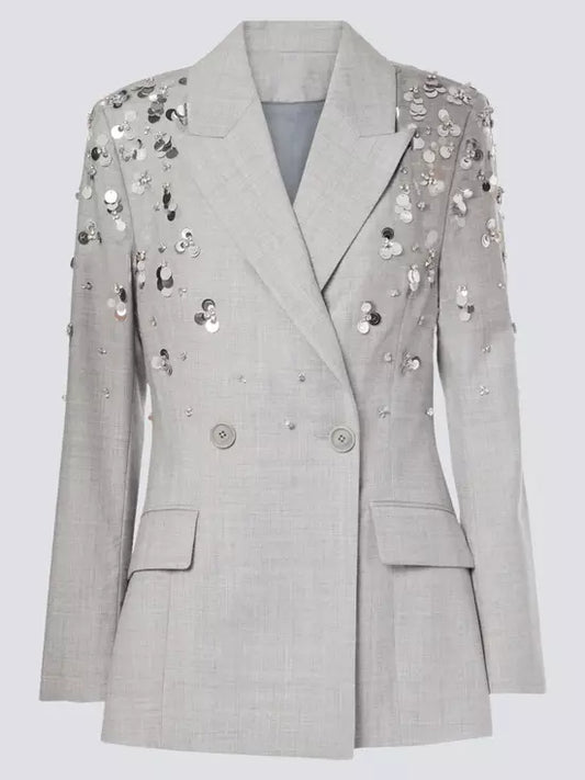 Gray double-breasted notched collar blazer with silver sequins in mini skirt set