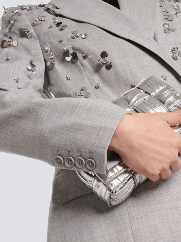 Gray double-breasted notched collar blazer with sequin embellishments in mini skirt set