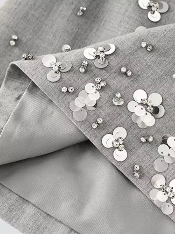Gray double-breasted embellished grey notched collar blazer with sequin details