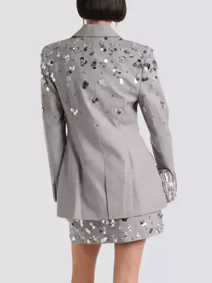 Embellished Grey Notched Collar Blazer and Mini Skirt Set showcased on a mannequin