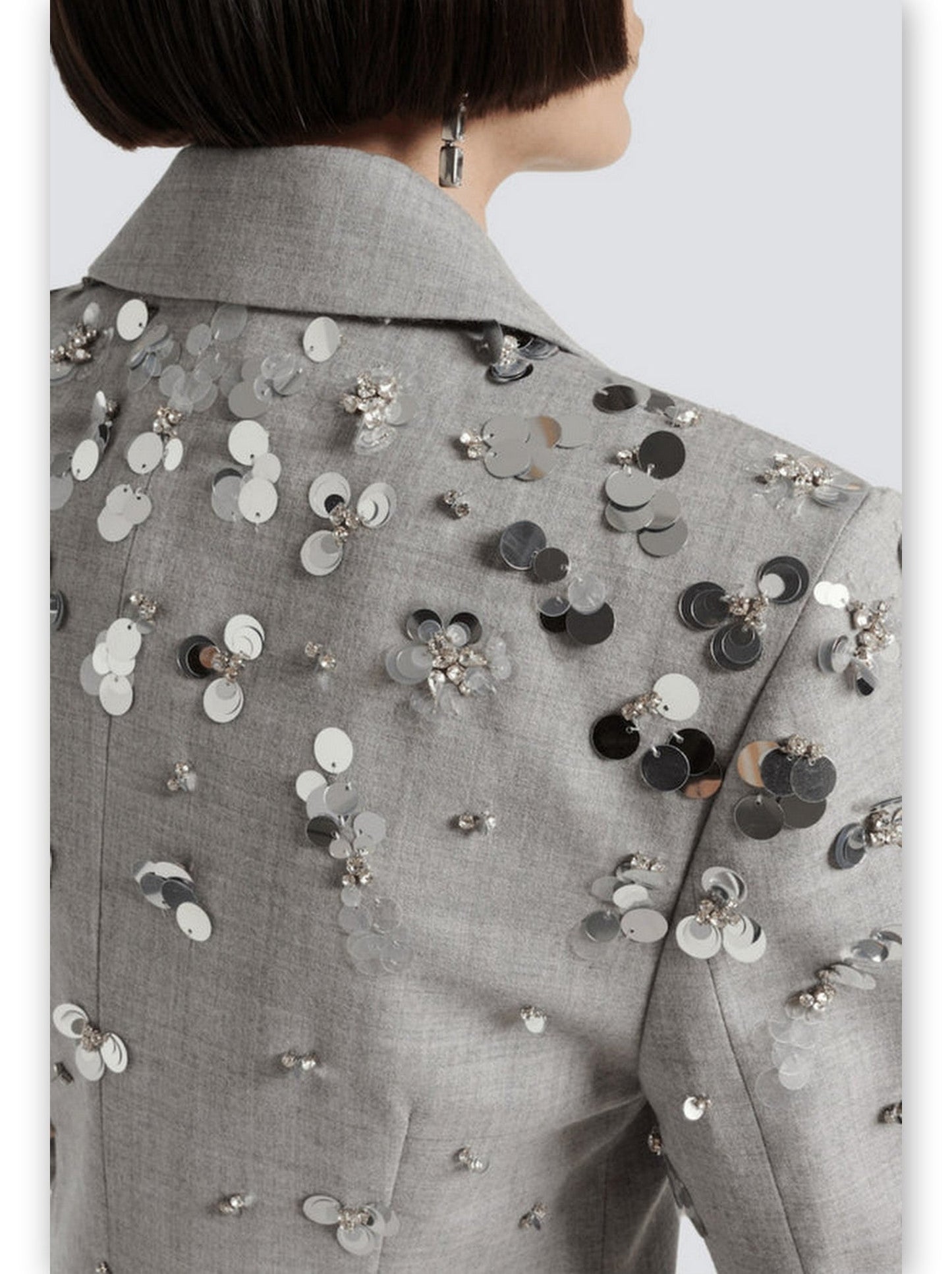 Embellished grey notched collar blazer with silver sequins for a stylish mini skirt set