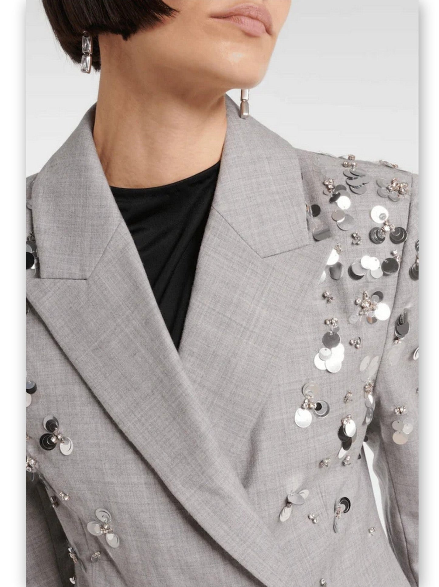 Embellished Grey Notched Collar Blazer with Silver Sequins from Mini Skirt Set