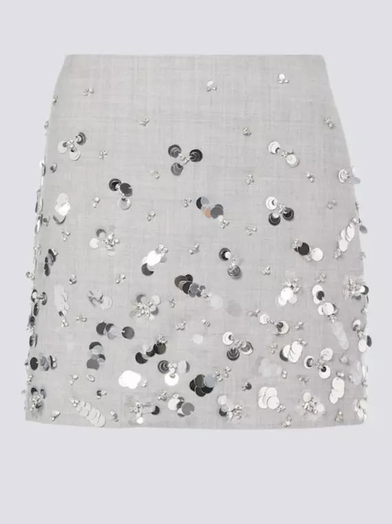 Embellished grey notched collar blazer with sequins in a chic mini skirt set