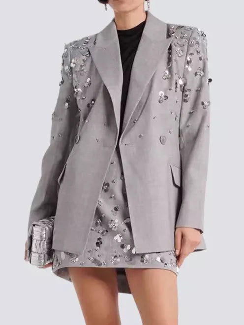 Embellished grey notched collar blazer with silver sequins in a mini skirt set
