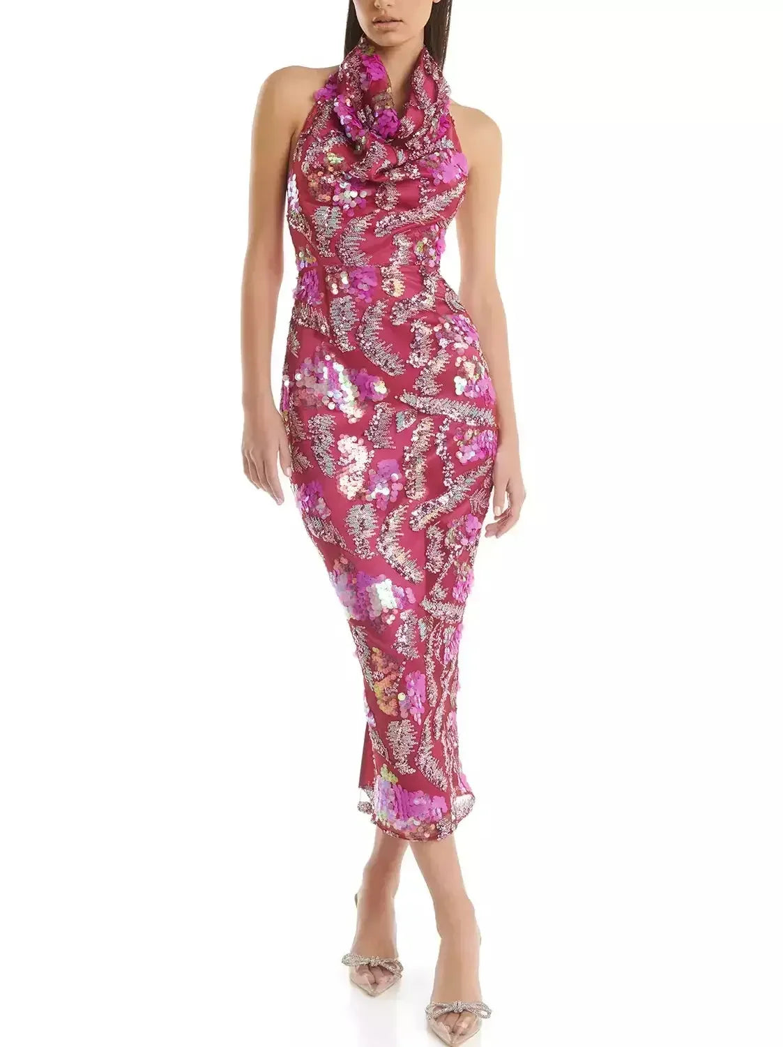 Embellished Halter Cowl-Neck Fitted Midi Dress - Dresses