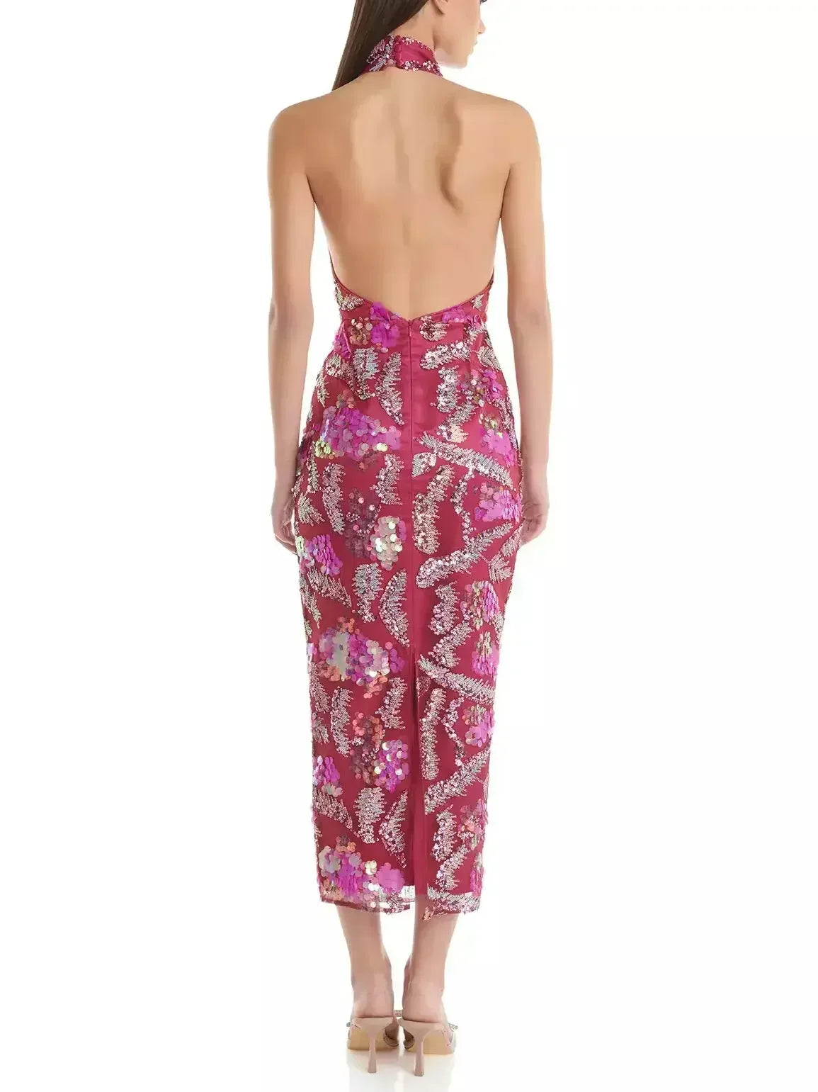 Embellished Halter Cowl-Neck Fitted Midi Dress - Dresses