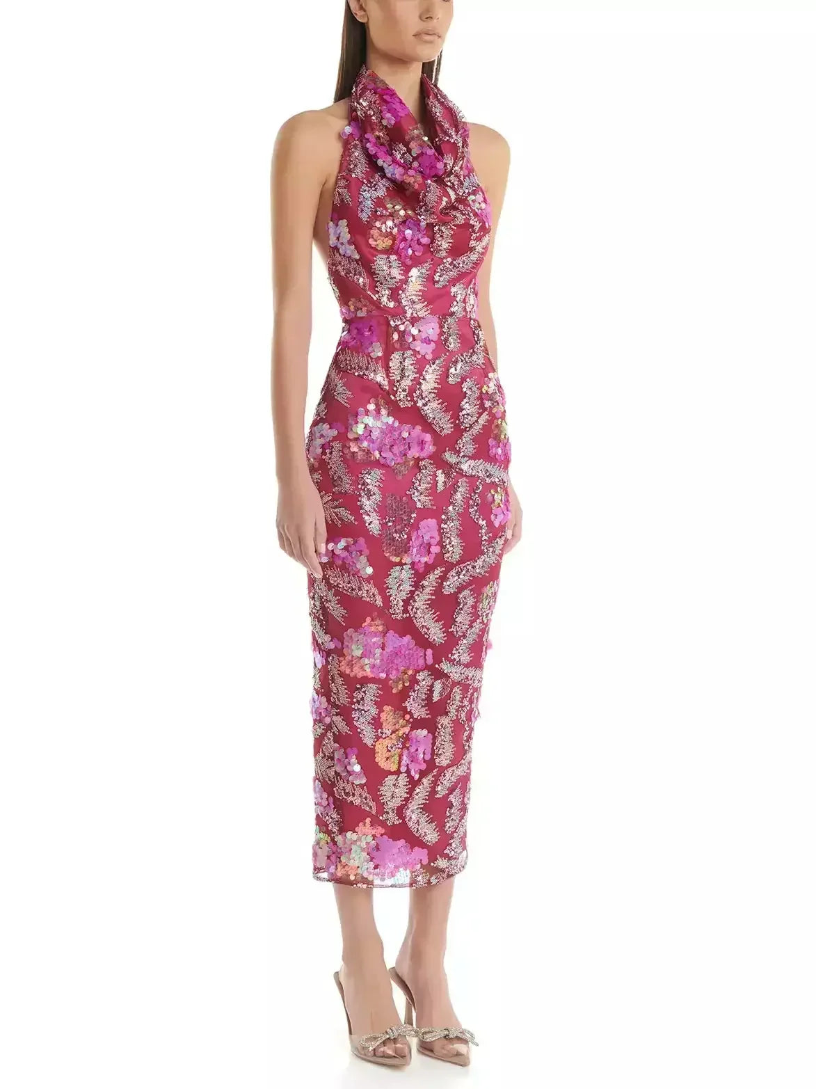 Embellished Halter Cowl-Neck Fitted Midi Dress - Dresses