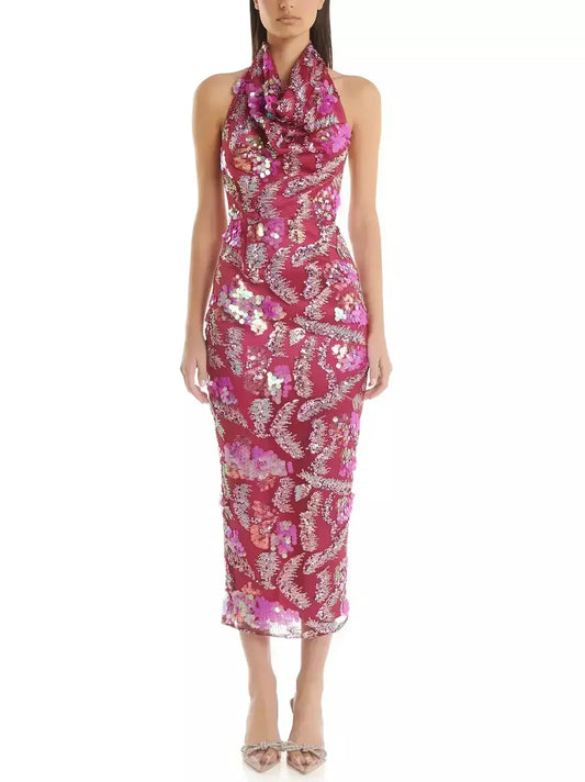 Embellished Halter Cowl-Neck Fitted Midi Dress - Dresses