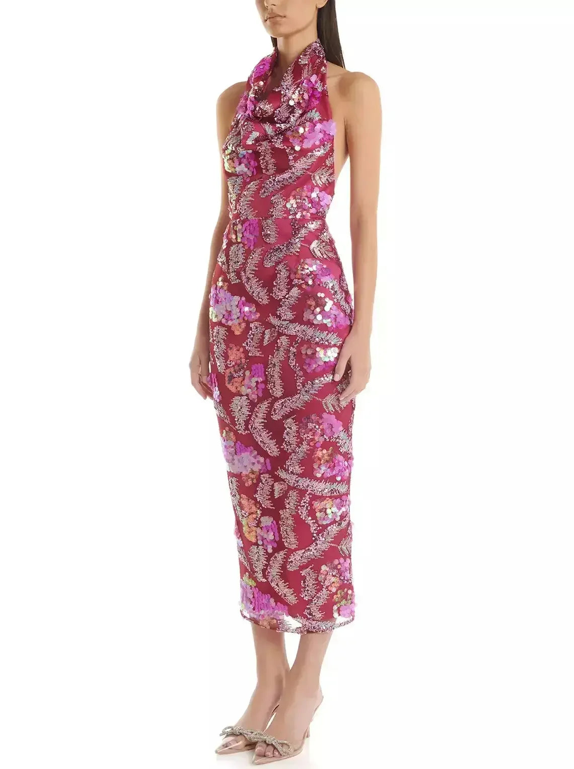 Embellished Halter Cowl-Neck Fitted Midi Dress - Dresses