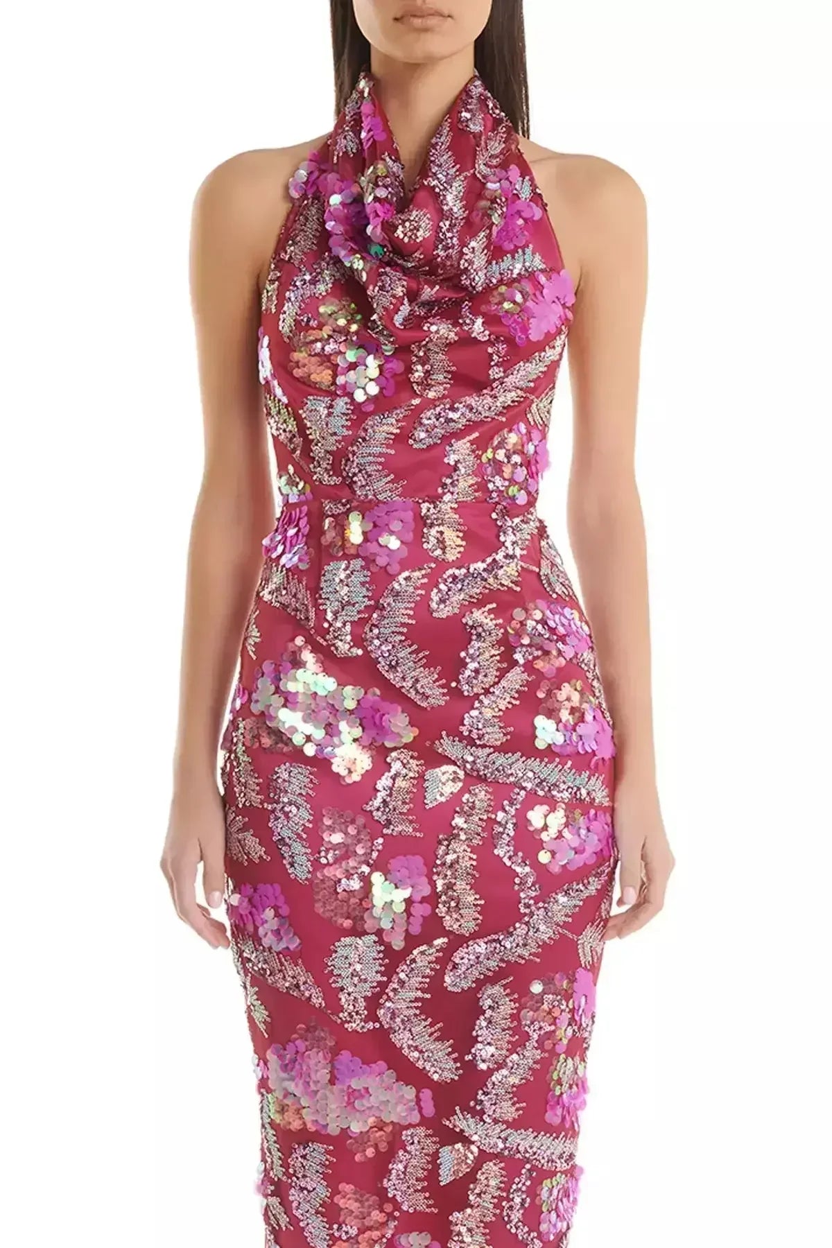 Embellished Halter Cowl-Neck Fitted Midi Dress - Dresses