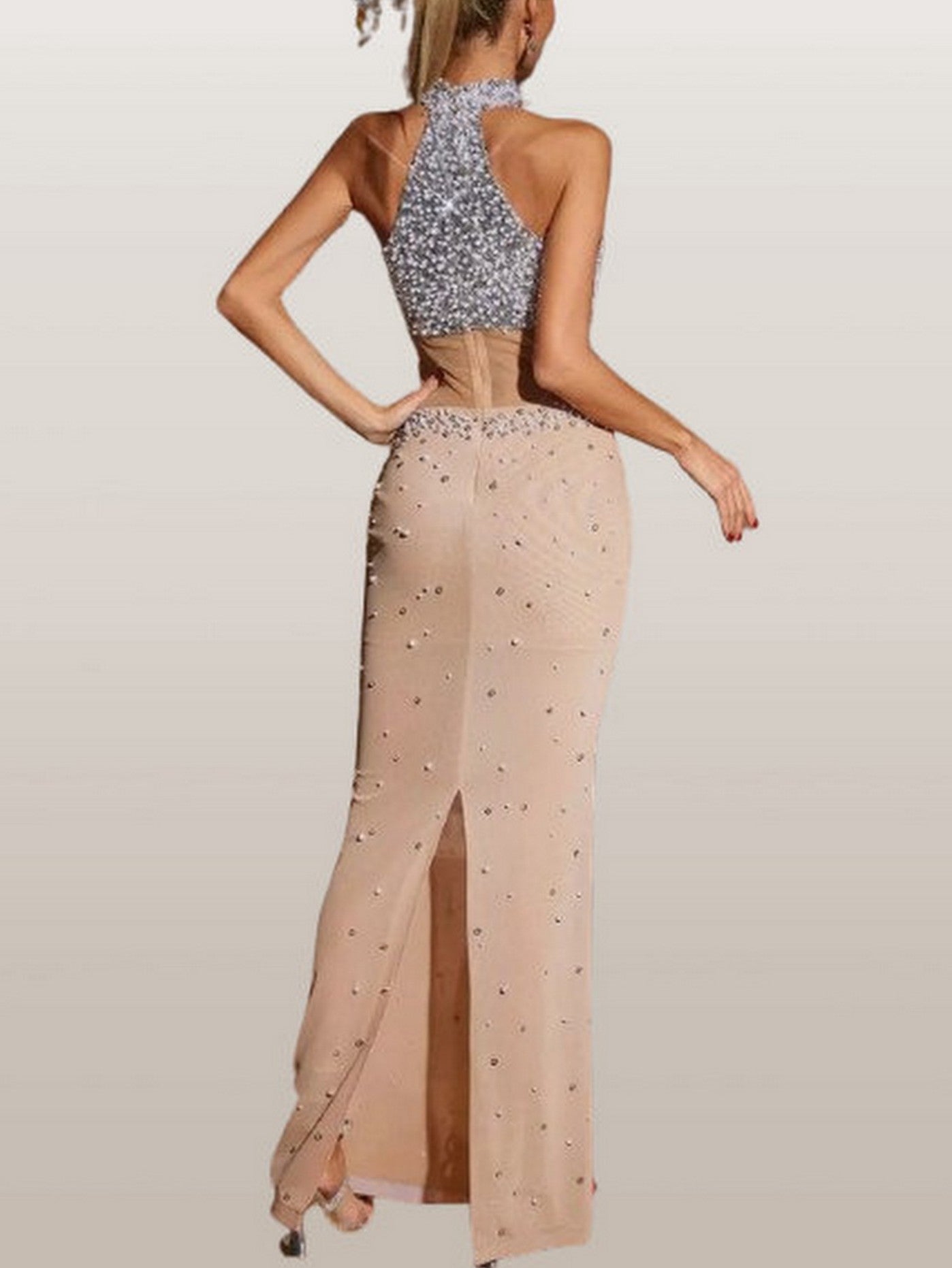 Embellished Halterneck Contrasting Sheer-Panel Gown - Dresses