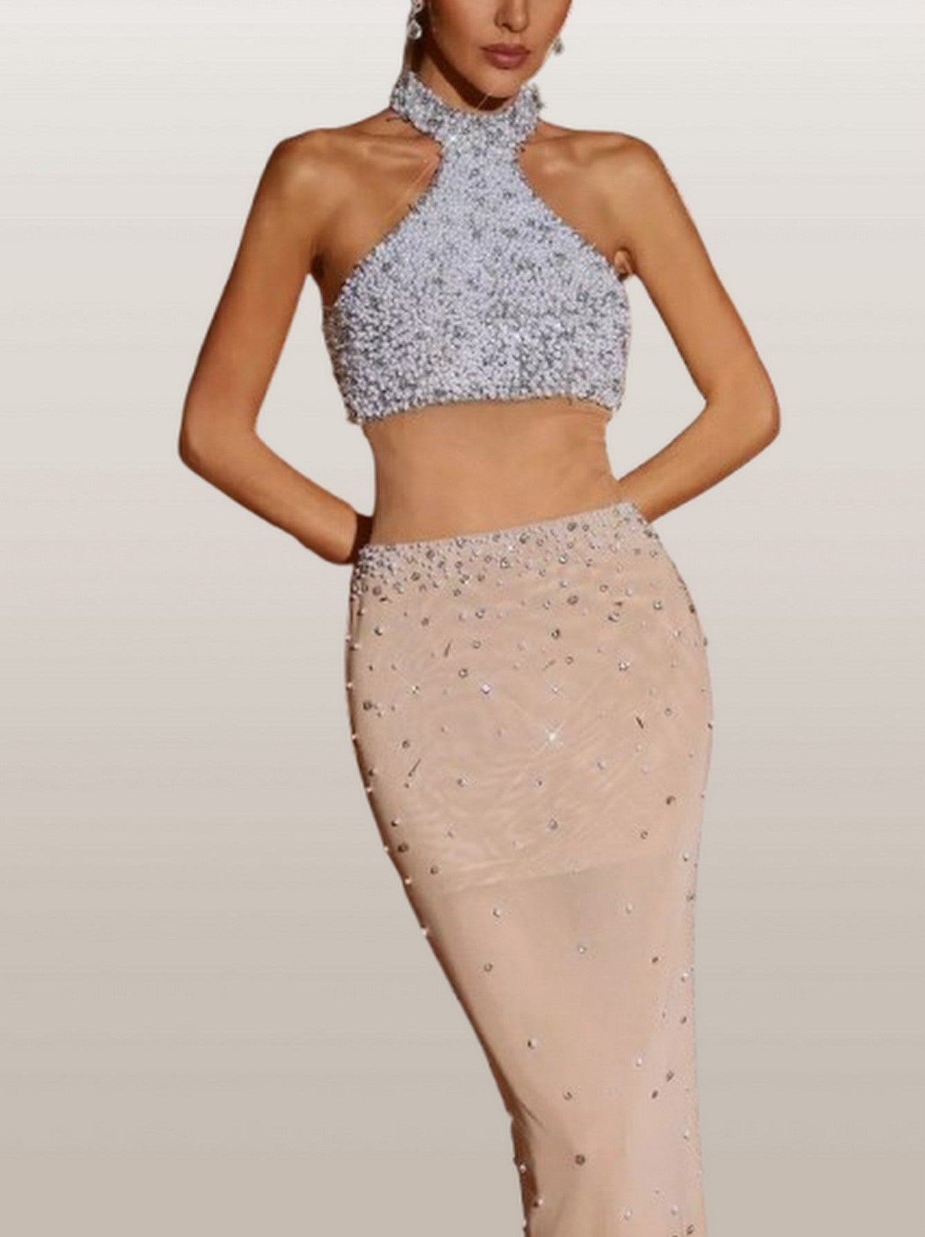 Embellished Halterneck Contrasting Sheer-Panel Gown - Dresses