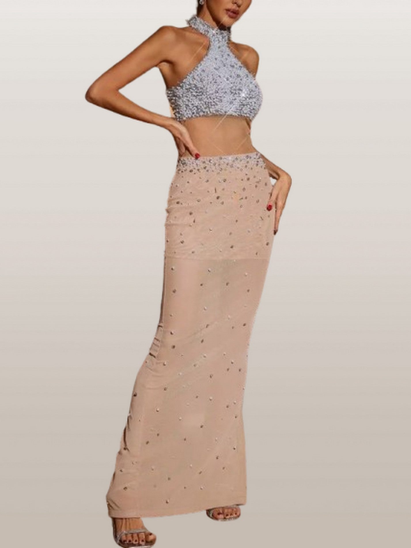 Embellished Halterneck Contrasting Sheer-Panel Gown - Dresses